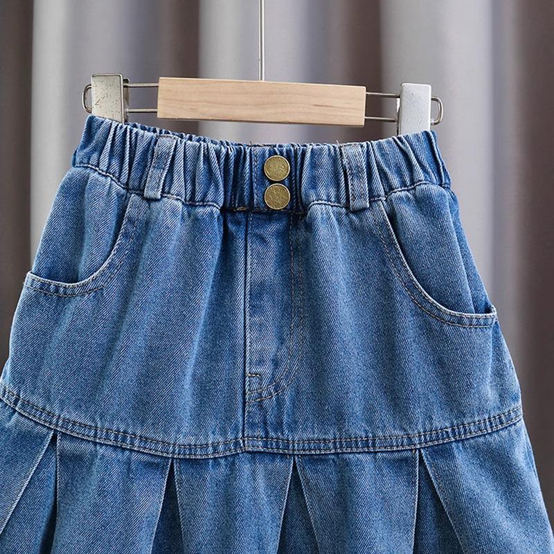 Girls' Korean Style Pleated Denim Skirt - Versatile Summer Fashion for Big Kids