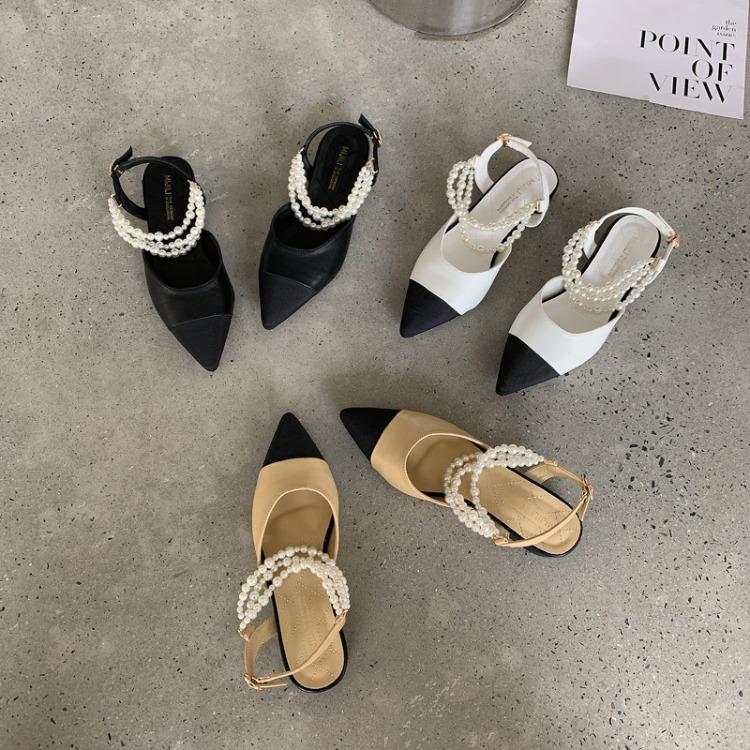 Mary Jane early autumn pointed fashion pearl shallow mouth single shoes hollow T-buckle strap flat heel sandals