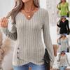 European & American Ribbed V-Neck Long Sleeve Top with Cut-Out Detail & Irregular Hem