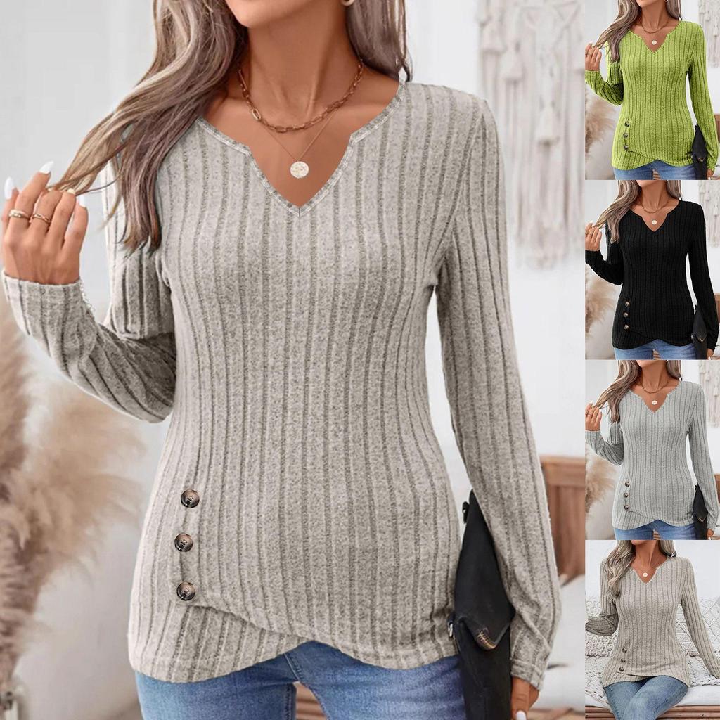 European & American Ribbed V-Neck Long Sleeve Top with Cut-Out Detail & Irregular Hem