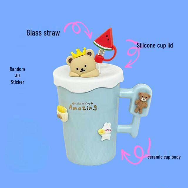 

High Gloss Mug with Lid, Spoon & Straw - Perfect Birthday Gift for Girls, Coffee Lovers Cup with 3D Sticker синий