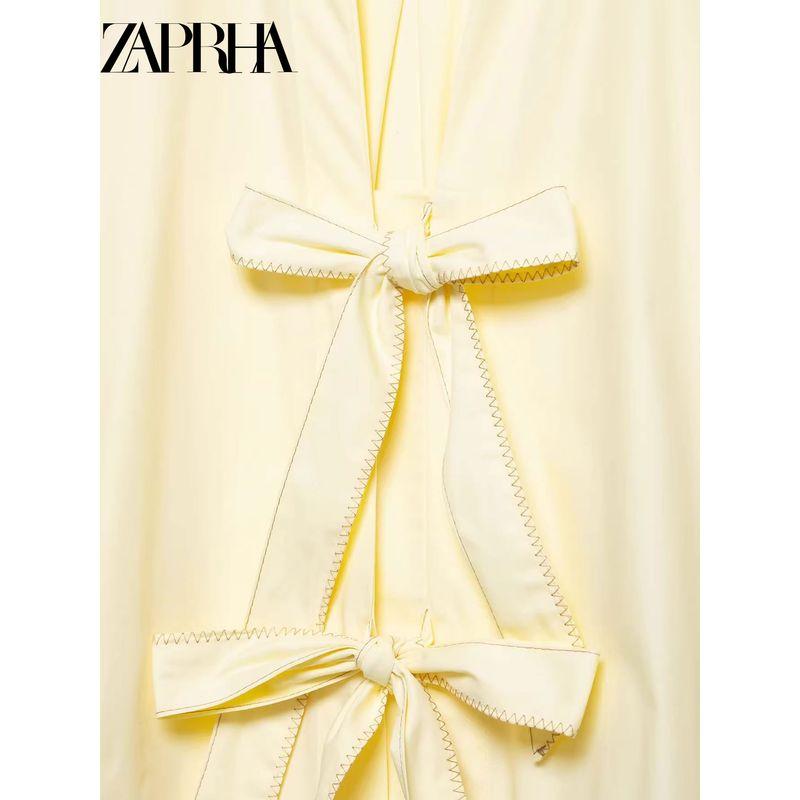 Zaprha 2025 New Arrival French Fashionable Bow Decorated Poplin Long Sleeves Round Neck Loose Shirt Female 0387074