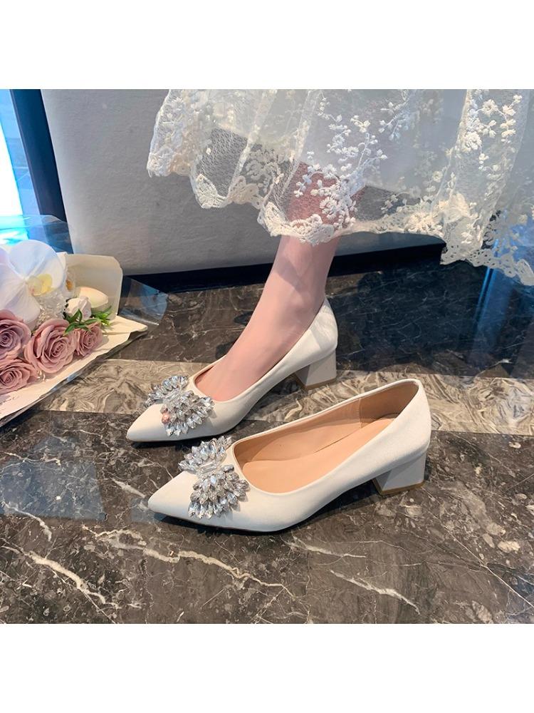 

Pointed Toe Shallow Slip Rhinestone Bow Versatile Fashion Women s Single Shoes Slip-On High Heels 35