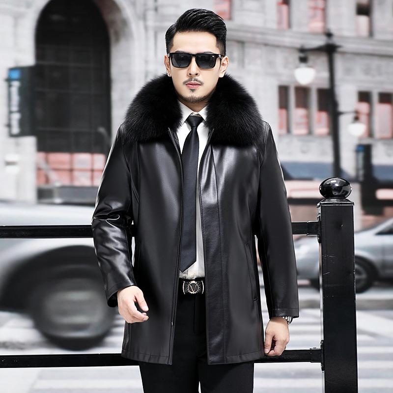 Autumn and Winter Genuine Leather Jackets for Men, Business Casual, High-end Temperament, Fashionable Fox Fur Collar Genuine Leather Jackets