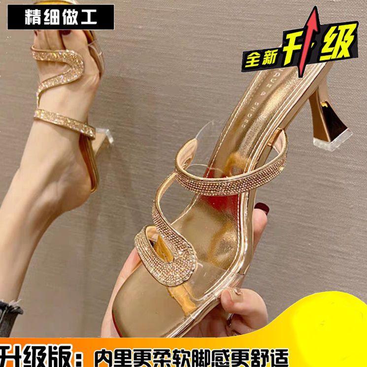 Sandals Girl Spring 2025 New Fashion Rhinestone High Heel Drag Net Red Fine Heel Wear Fairy Wind Word with Slippers