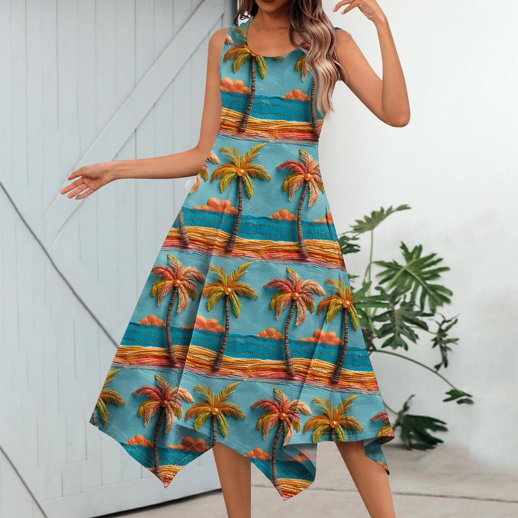 Dámská ležérní móda Midi šaty s kulatým výstřihem a potiskem bez rukávů s nepravidelným lemem