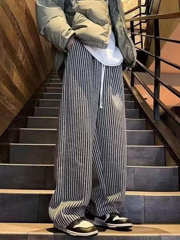 Unisex Black & White Striped Drapey Straight-Leg Pants, 2024 Spring/Autumn Wear-Resistant Casual Pants for Teens