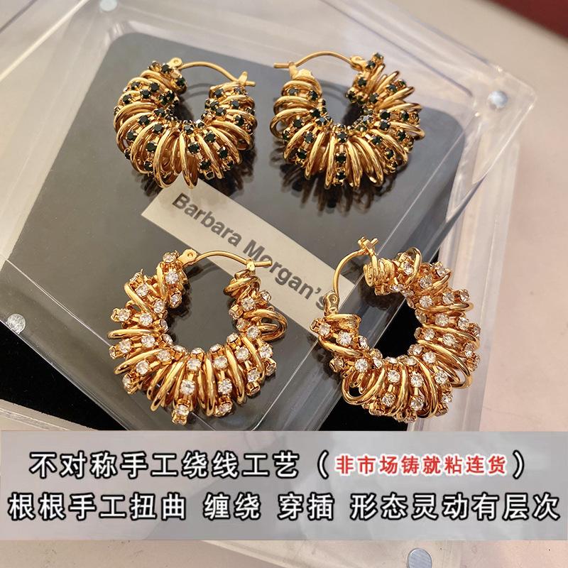European and American Style Hollow Woven Twist Earrings Emerald Zircon Winding Shape Round Ear Buckle Retro Niche Earrings