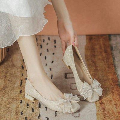 Flat Single Shoes Women's 2025 New Soft Sole Square Head Shallow Mouth French Gentle Wind One Pedal Bridesmaid Wedding Shoes Bride Shoes