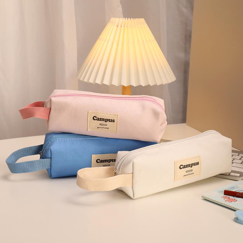 1Pc Solid Color Portable Canvas Pencil Case, 6 Colors To Choose, Large Capacity Stationery Organizer Bag for Gifts and Packaging