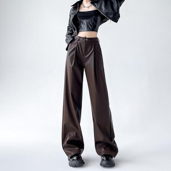 Women Spring Pants High Waist Wide-Leg Imitation Leather Trousers with Pockets Solid