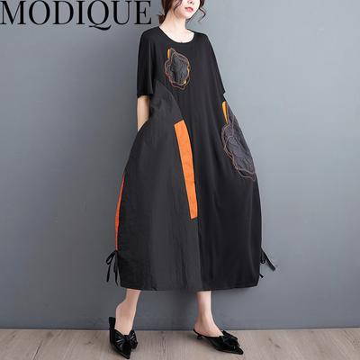 MODIQUE Summer Plus Size New Dress Shirt Women Loose Patchwork Cotton Linen Floral Dress Draw String Casual Female Dresses O-Neck