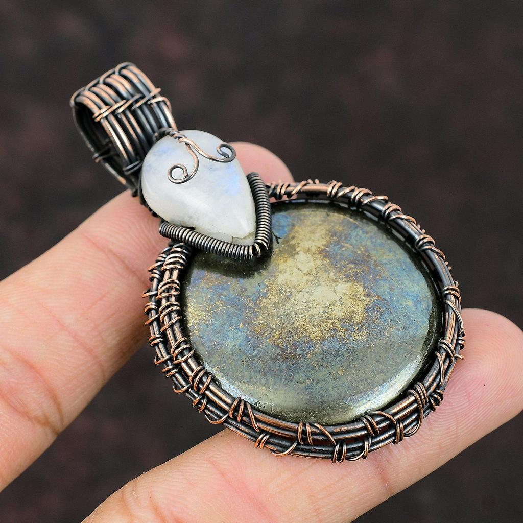Pyrite Pendant Copper Wire Wrapped Pendant Copper Wire Jewelry Rainbow Moonstone Gemstone Pendant Gift For Mom Copper Wire Designer Pendant