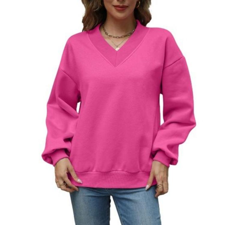 Fall Casual Drop Shoulder V Neck Oversized Sweatshirts Womens Fleece Long Sleeve Pullover Top Outfits