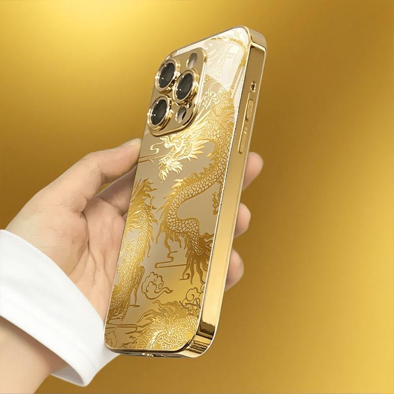 Luxus Goldener Drache Gold Metallic Lack Glas Handyhülle Für iPhone 17 16 15 14 13 12 11 Pro Max 15 14 Plus 17 Air 16E Hülle