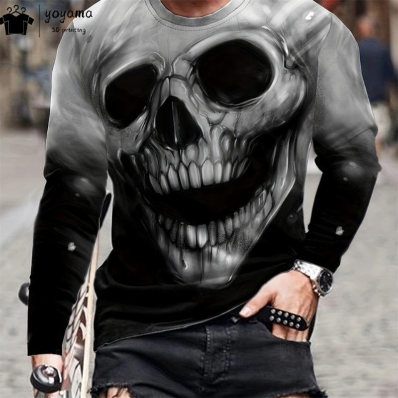 Fashion Skull Print Men's Clothing Casual T Shirt Men Vintage Print Skull Graphic T Shirts Street Loose Long Sleeve T-shirt Tops
