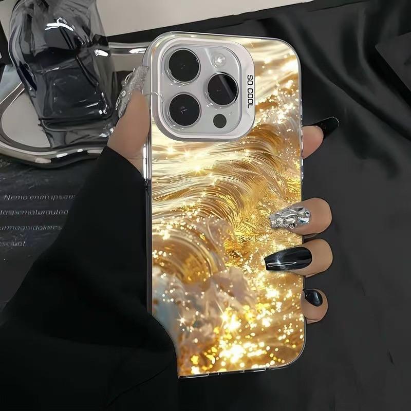 Luxury Golden Wave Glitter Phone Case For iPhone 17 16 Pro Max 17e 16e 15 14 13 12 11 8 7 SE 2020 Case Embossed Shockproof Cover