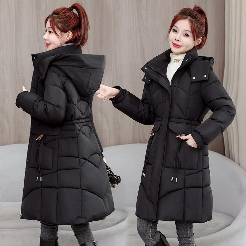 

Зимняя корейская версия женской куртки средней длины на пуху и хлопке тонкая, модная и в западном стиле, зимняя хлопковая куртка с толстой подкладкой XS чёрный