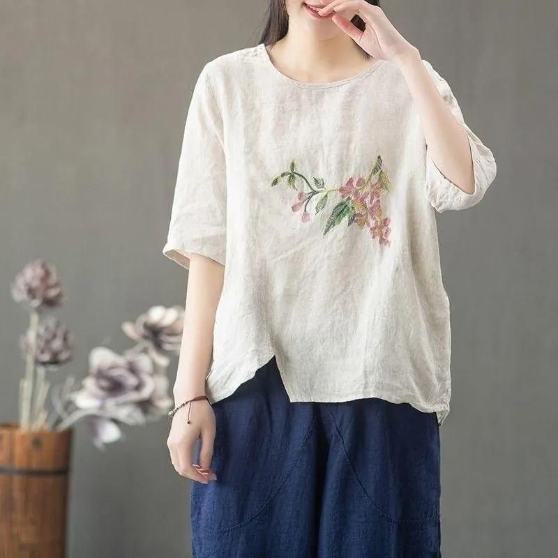 Women's Summer Artistic Loose Chinese Ethnic Style T-shirt Thin Embroidered Comfortable Top