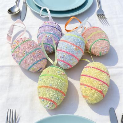 6Pcs Easter Eggs with Hanging String Foam Hanging Ornaments Striped Colorful Decoration for Easter Tree Home Party And Spring Crafts