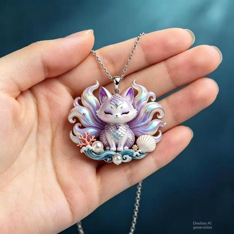 Nine Tailed Fox Pendant Necklace Exquisite Jade Like Design Golden Chain Ideal For Daily Wear Dating And Gift For Women