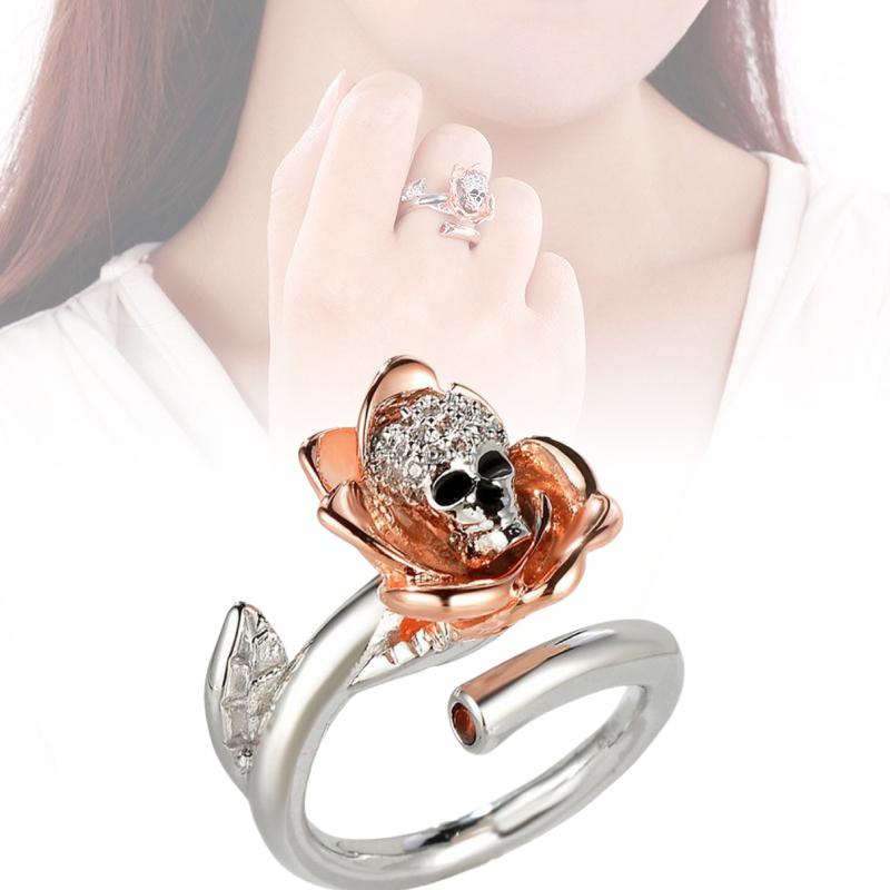 Inlaid Zircon Copper Ring Flower Skull Shape Adjustable Women Accessory Jewelry