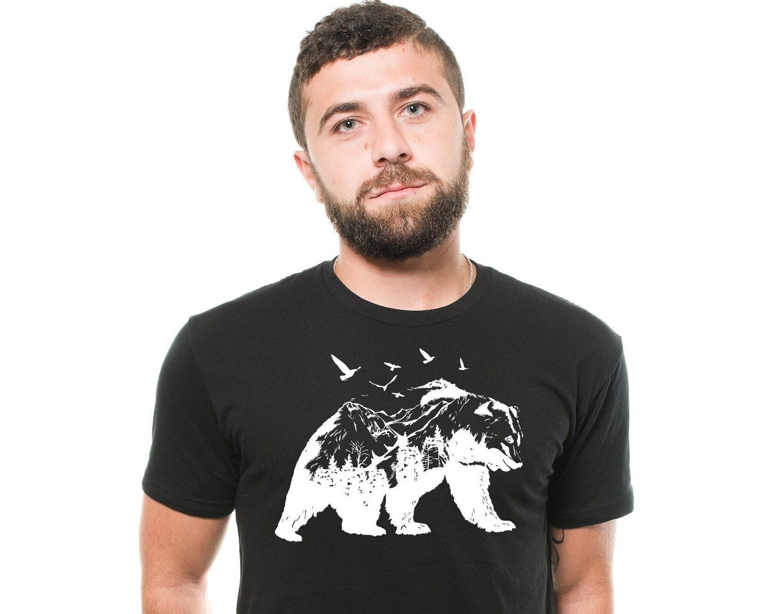 Mens Bear T-Shirt: Mountain Camping Nature Lover Tee S