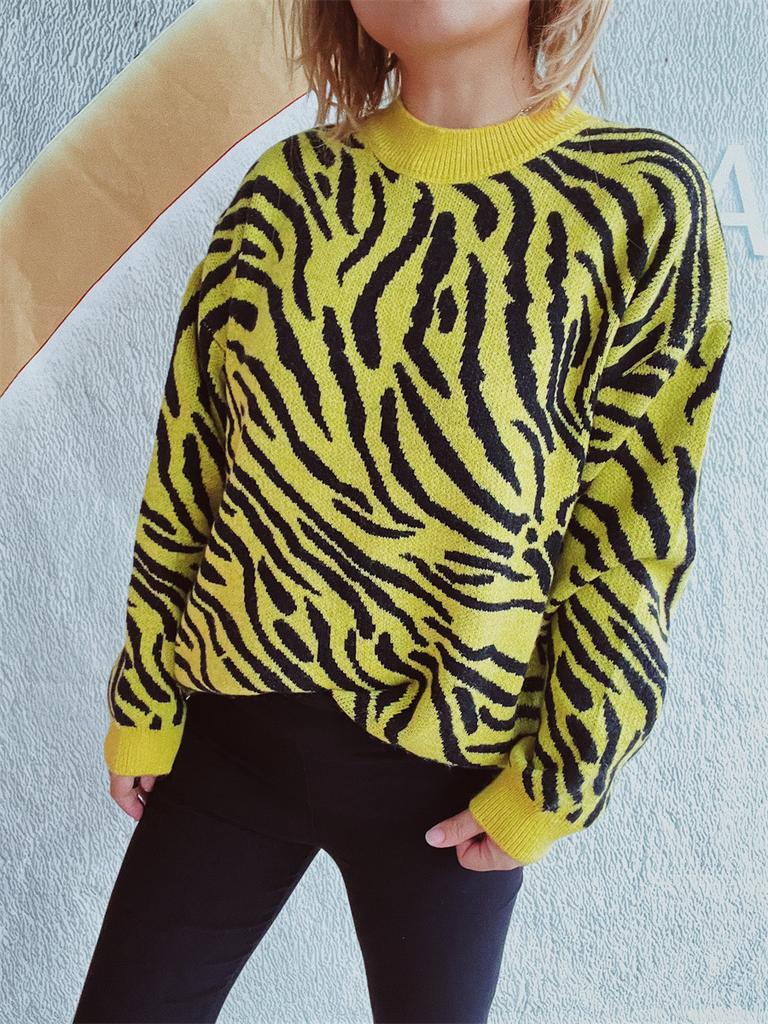 Women's new autumn and winter commuting knitted zebra print contrasting pullover sweater KTB
