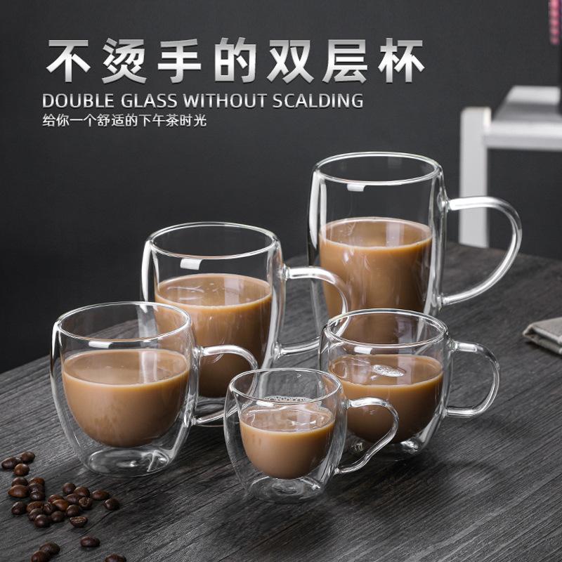 150-450ML Double-layer Transparent Glass Coffee Cups with Handle Double-layer Heat Insulation High Temperature Juice Milk Cups