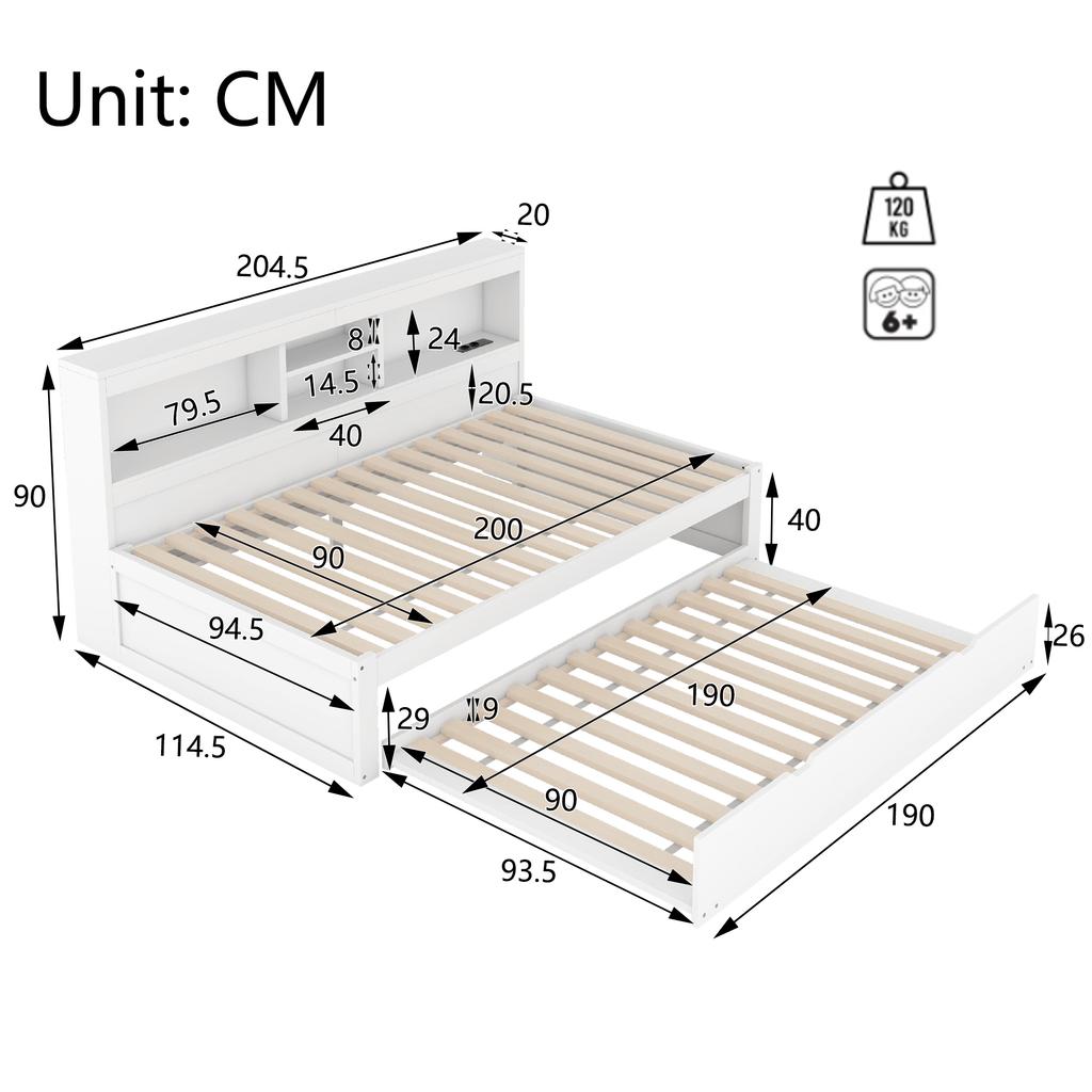 Sleeper Sofa, Daybed, Day Bed, 90*200cm, With LED Lights, Bedside Storage Compartment, Pull-Out Bed, Socket + USB, Without Mattress, White