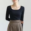 Women's Square Neck Long Sleeve T-Shirt Slim Fit Solid Cotton Casual Basic Undershirt Autumn Commuter Top