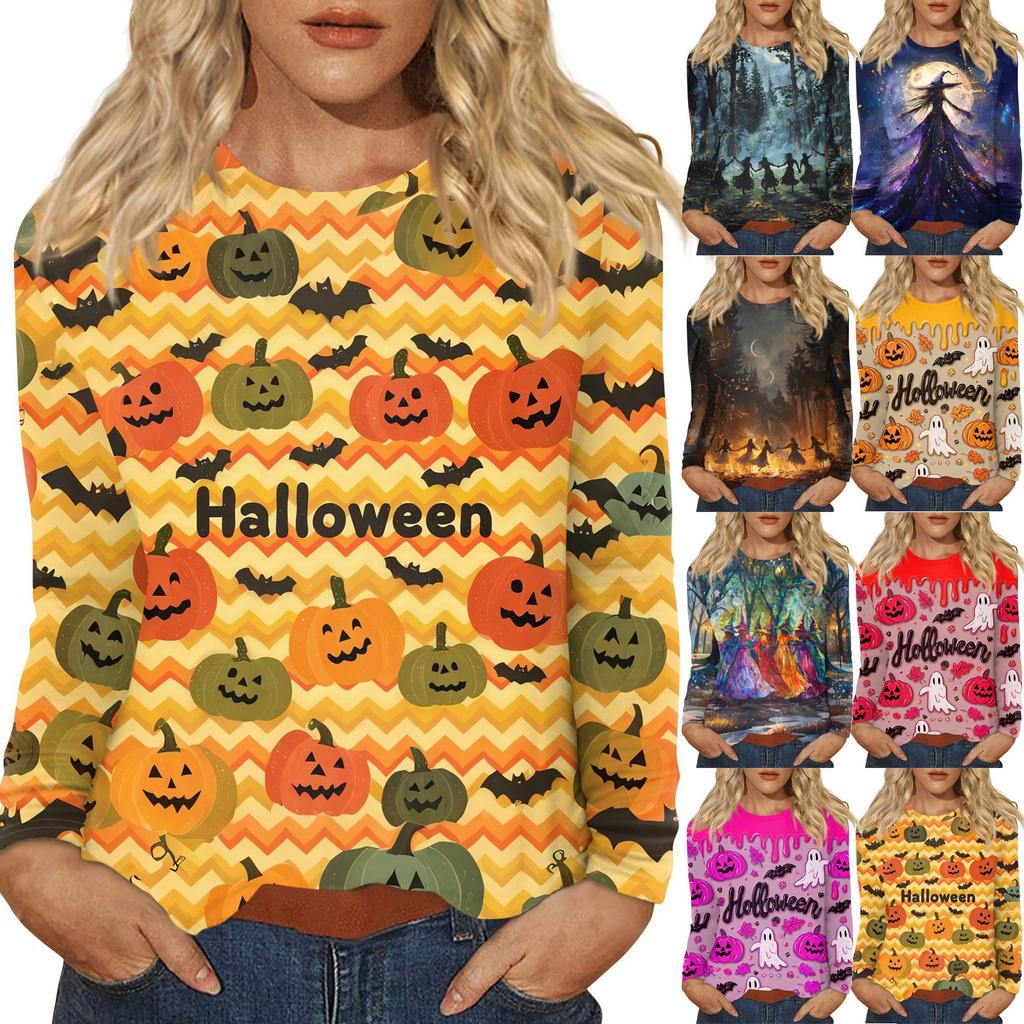 Women's Fashion Casual Halloween Printed Round Neck Long Sleeve Pullover Top
