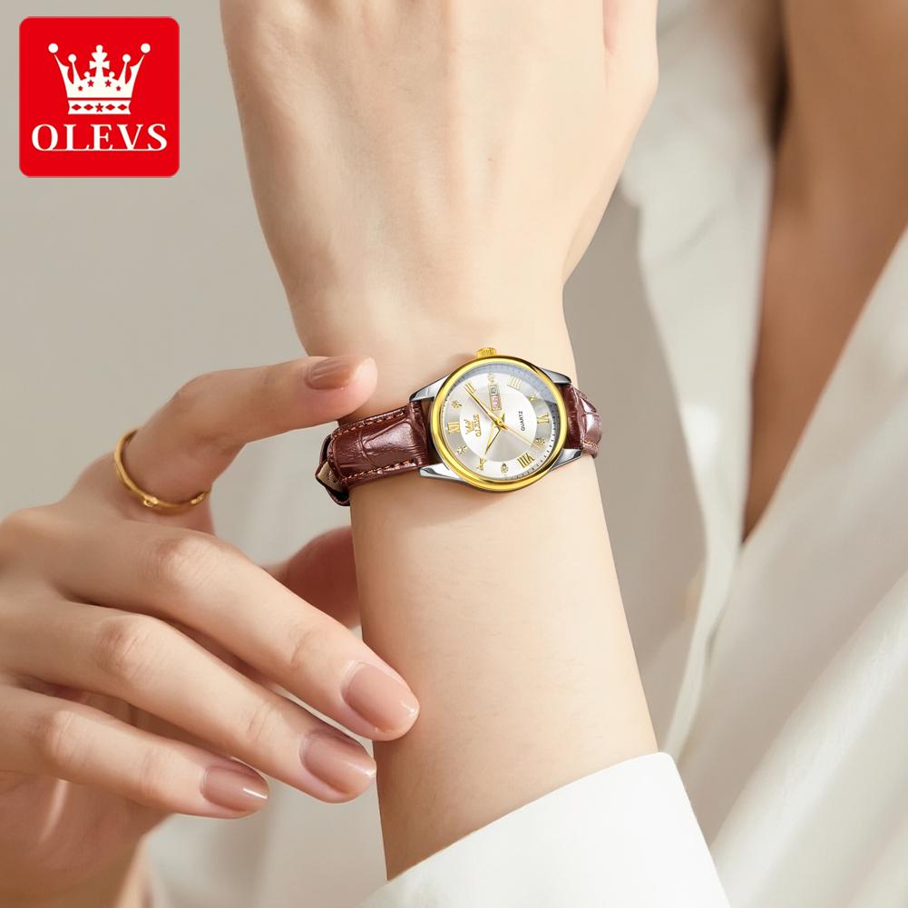 OLEVS 3649  Luxury     Brand Brown Leather Lady Waterproof Elegant Classic Business Woman Quartz Watch