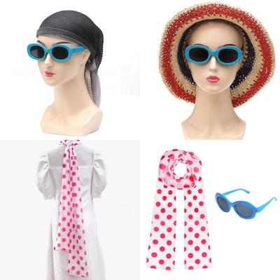Women's Scarf and Glasses Set Stylish Polkas Dot Scarf Blue Glasses White Scarf Fashion Neckerchief for Halloween