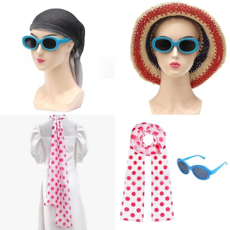 Women's Scarf and Glasses Set Stylish Polkas Dot Scarf Blue Glasses White Scarf Fashion Neckerchief for Halloween
