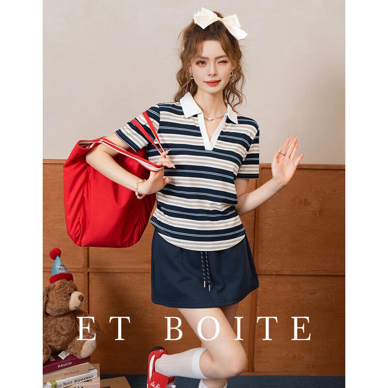 

Women s Striped Lapel Contrast Short Sleeve T-Shirt XL