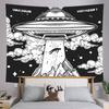 UFO Alien Abduction Black White Wall Tapestry Flying Saucer Beam Mountain Cloud Retro Sci Fi Space Extraterrestrial Decor