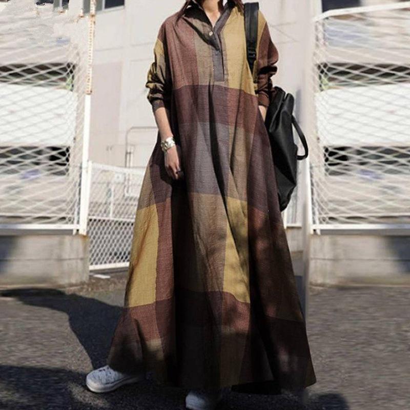 Spring Retro Ethnic Print Cotton Linen Maxi Dress - Long Sleeve, Loose Fit