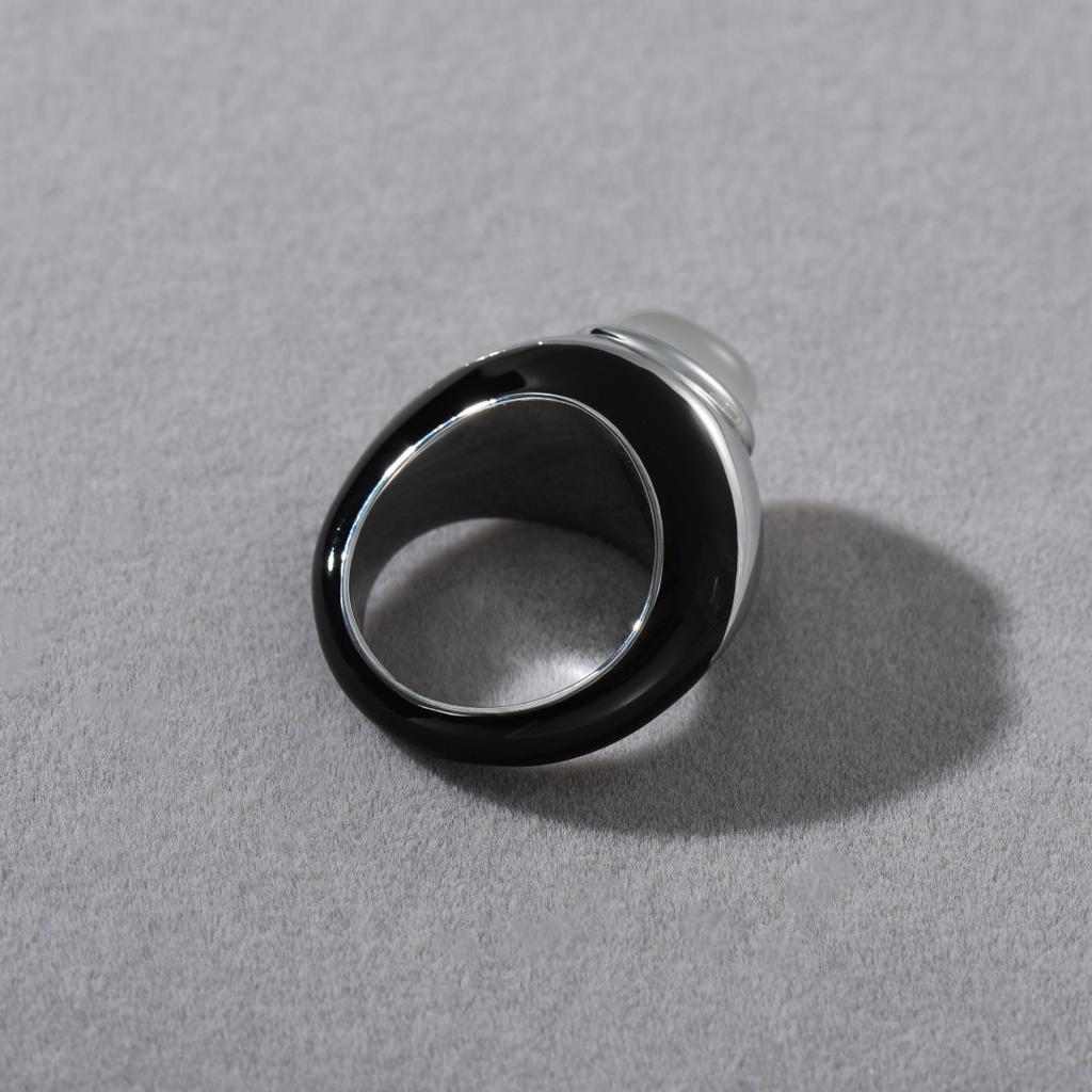 Premium Metal Copper Plated Platinum Color Matching Black Drop Glaze Inlaid White Chalcedony Ring Trendy Personality Unique Ring Women