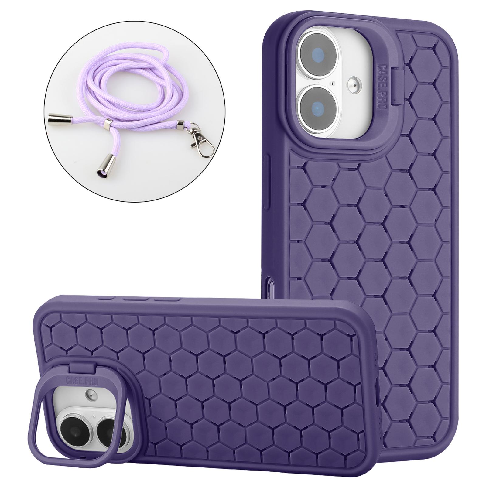 

For iPhone 16 Case Compatible with MagSafe Kickstand Heat Dissipation TPU Phone Cover with Lanyard Purple
