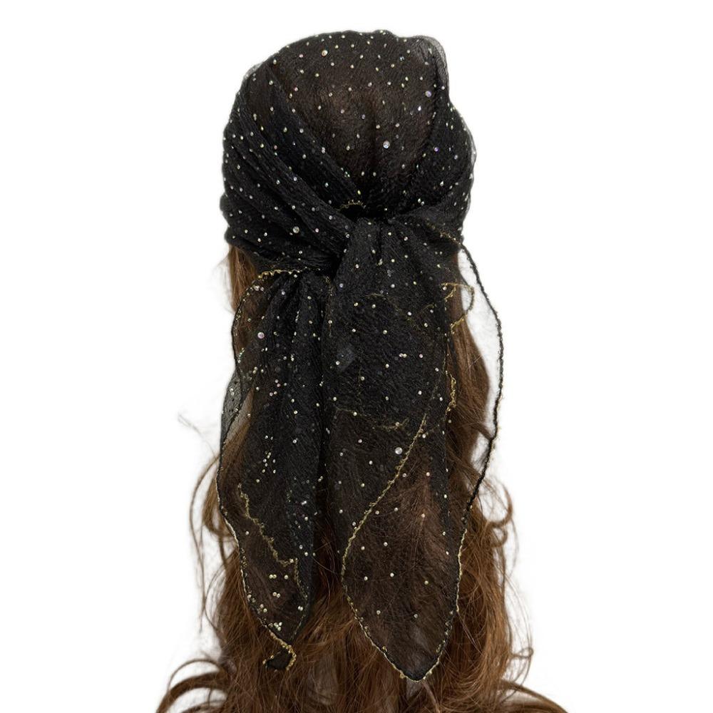 Thin Hotfix Rhinestone Square Scarf Sparkle Glitter Veil Turban Mesh Bandana Women Fashion