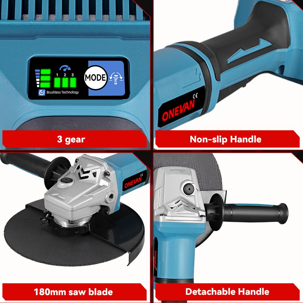 ONEVAN 180MM Brushless Electric Angle Grinder Variable Speed M14 Cutting Machine Woodworking Tool for Makita 18v Battery Pin