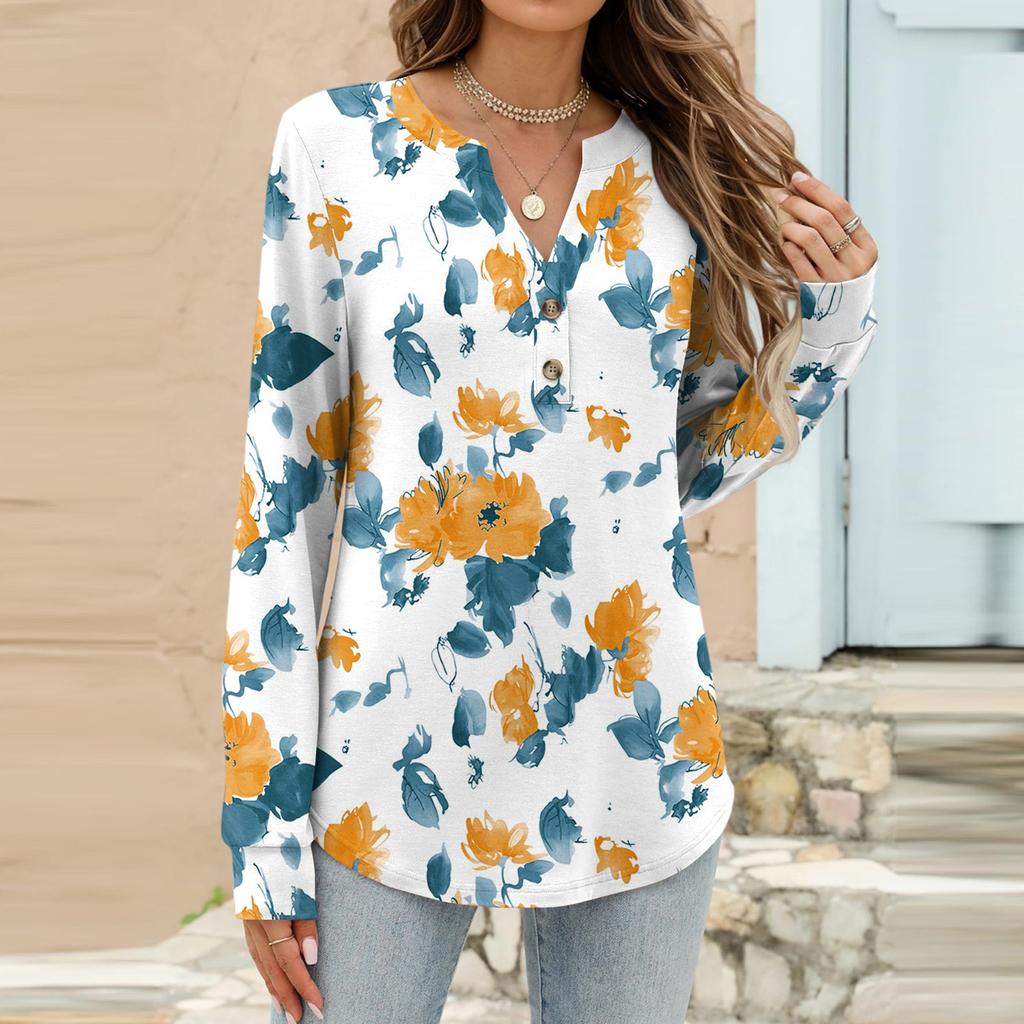 Women's Fashion Casual Floral Print Long Sleeve T-Shirt Pullover Top