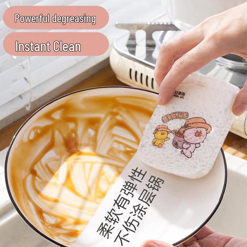 Cartoon Print, Non-Greasy Sponge: Stain-Removing Water-Absorbent Kitchen Cleaning Block from Compressed Wood Pulp Cotton.