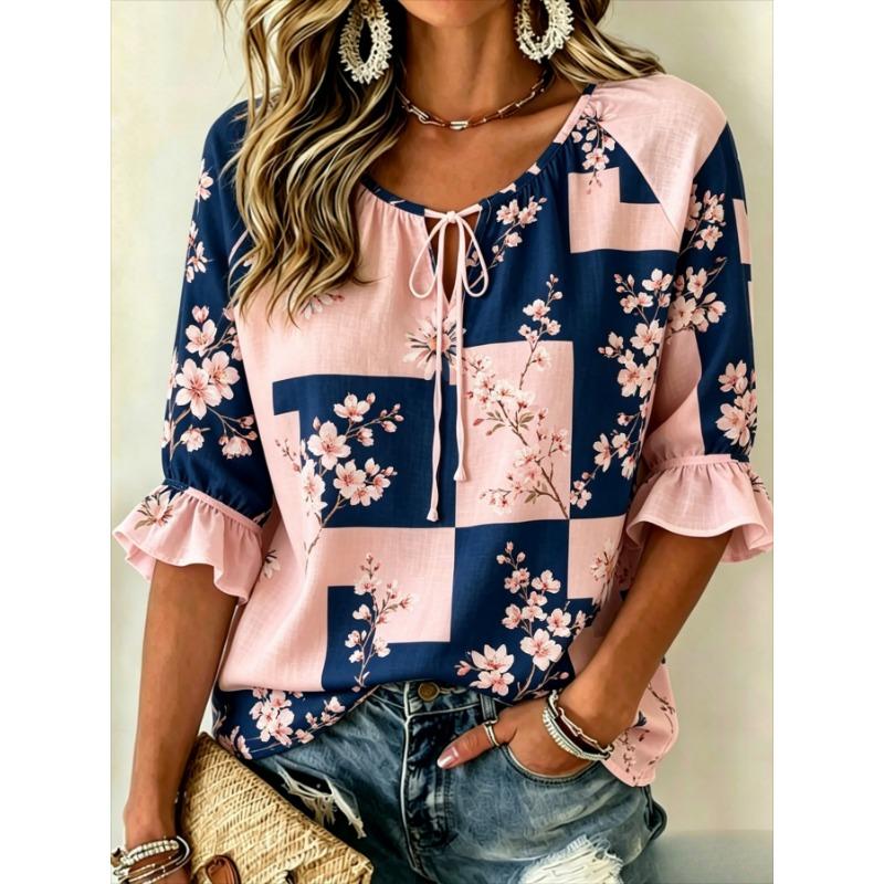 Women's Cherry Blossom Print Color Block Tie Neck Blouse, Ruffle Half Sleeve Feminine Top for Spring Summer Wear