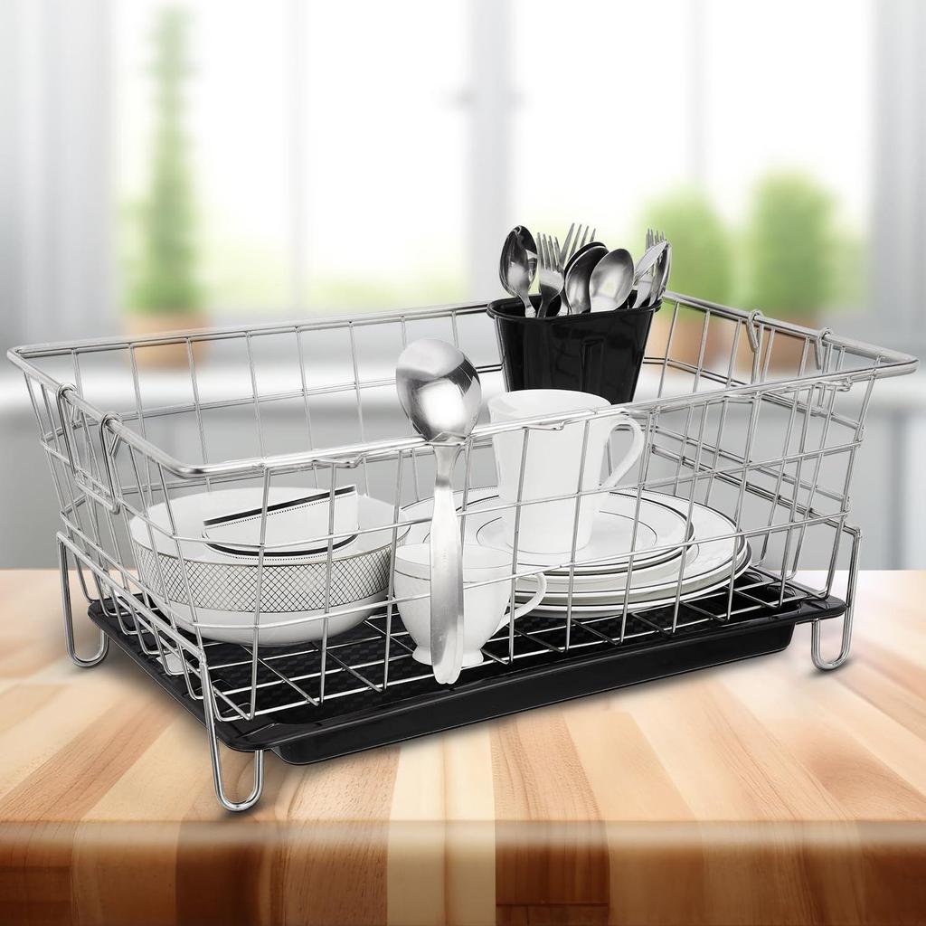 Stainless Steel Dish Drainer with Drain Tray | Detachable Cutlery Stand | Utensil Drying Basket Stand