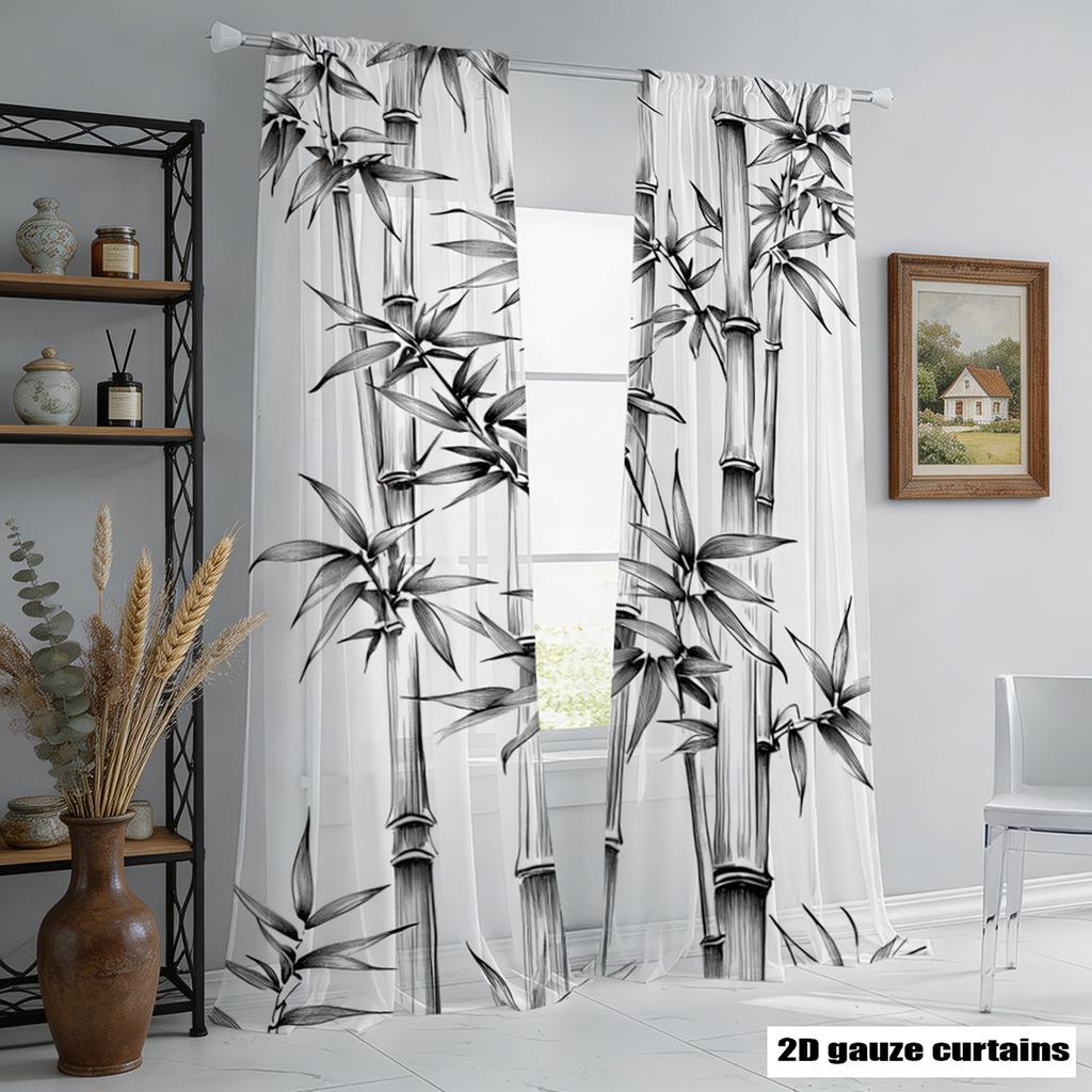 2Pcs Sheer Curta, Black Ink Bamboo Print, Door/Window Curta, Print Curta For Bedroom Decor