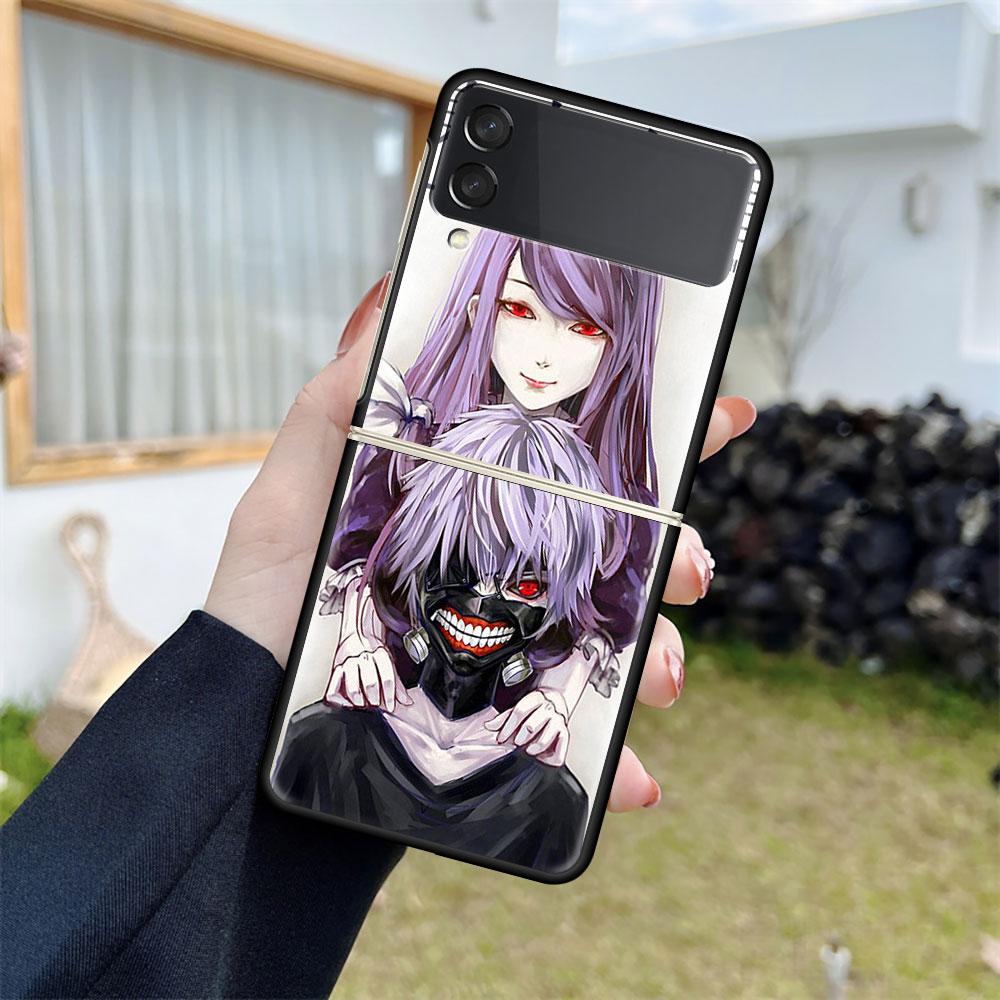 Luxury Case For Samsung Galaxy Z Flip 4 3 5G Black PC Hard Phone Cases Fashion Back Cover ZFlip Funda Anime Tokyo Ghoul Shell