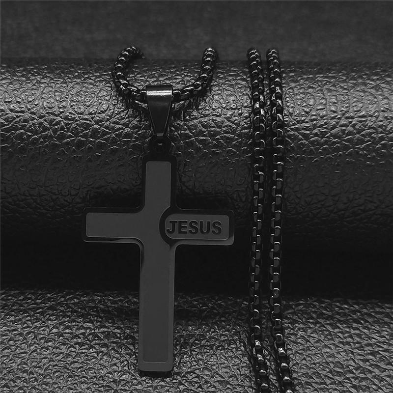HNSP Stainless Steel Jesus Cross Pendant Chain Necklace For Men Women Zircon Catholic Crucifixes Rosaries Accessories