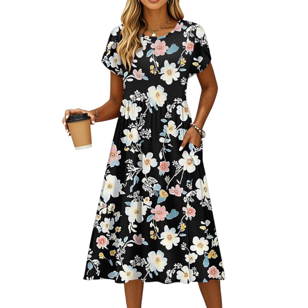 Damenmode Sommer Rundhals Kurzarm Blumendruck Strandkleider